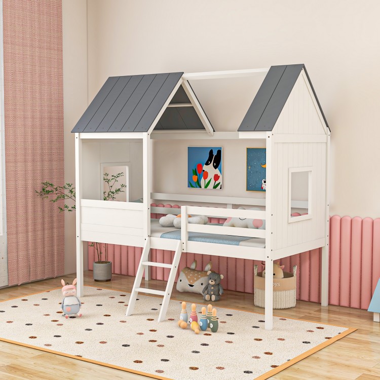 Twin Size Kids House Bed Low Loft Bed Frame with Roof