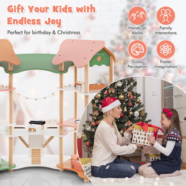 3-Tier Wooden Dollhouse for Kids Aged 3-8 Years Old with 32 Pieces of Accessories