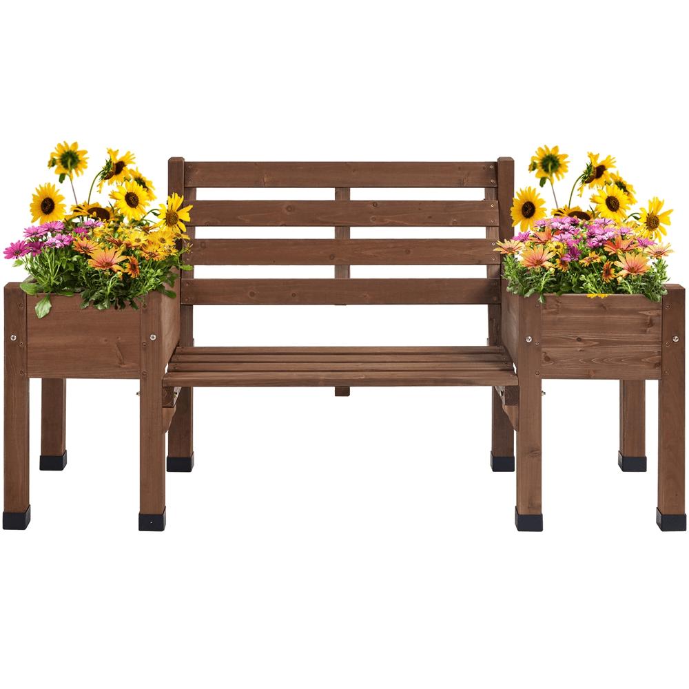 SmileMart Outdoor Wood Bench with Double Planter Boxes, Brown, Fir Wood, Water-Resistant