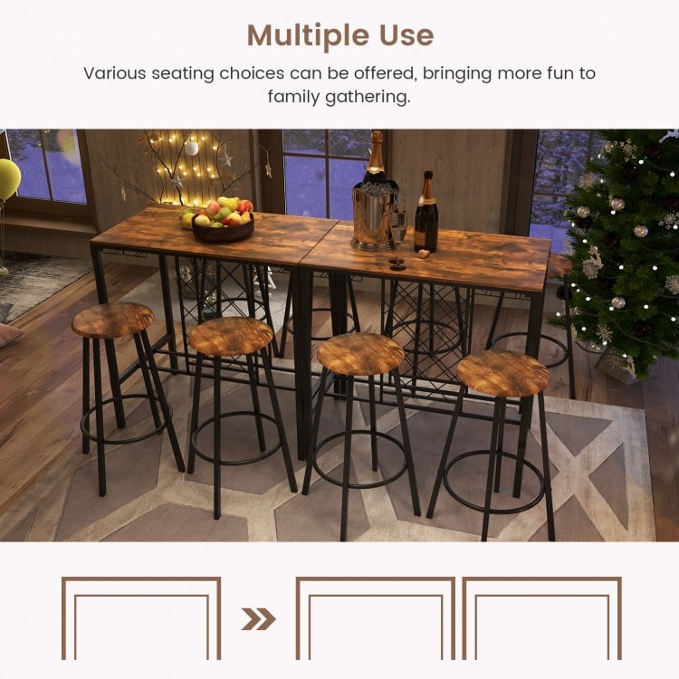 5 Pieces Bar Table and Stools Set with Wine Rack and Glass Holder