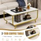 2-Tier Faux Marble Top Rectangular Coffee Table with Metal Frame