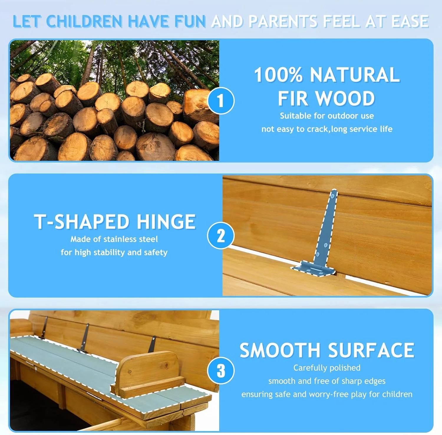 Kids Sandbox with Lid, Wooden Sand Box with Cover Outdoor, UV-Protection & Natural Wood, Foldable Bench Seat, Adjustable Canopy, Sand Box for Kids Ages 2-8（47x47in）