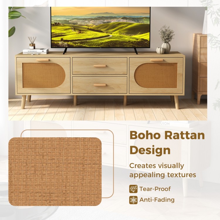 Rattan TV Stand for 65-Inch TV with Drawers and Solid Wood Legs