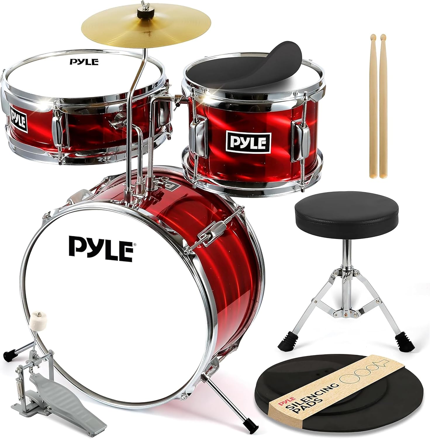 Pyle Schlagzeug Kinder, 3 bis 12 Jahre Kinderschlagzeug, Drum Set Inkl. Bass Drum, Snare Drum, Schlagzeug Dämpfer, Drumsticks, Basspedal & Drumhocker, Kinder Percussion Set für Anfänger, Natural