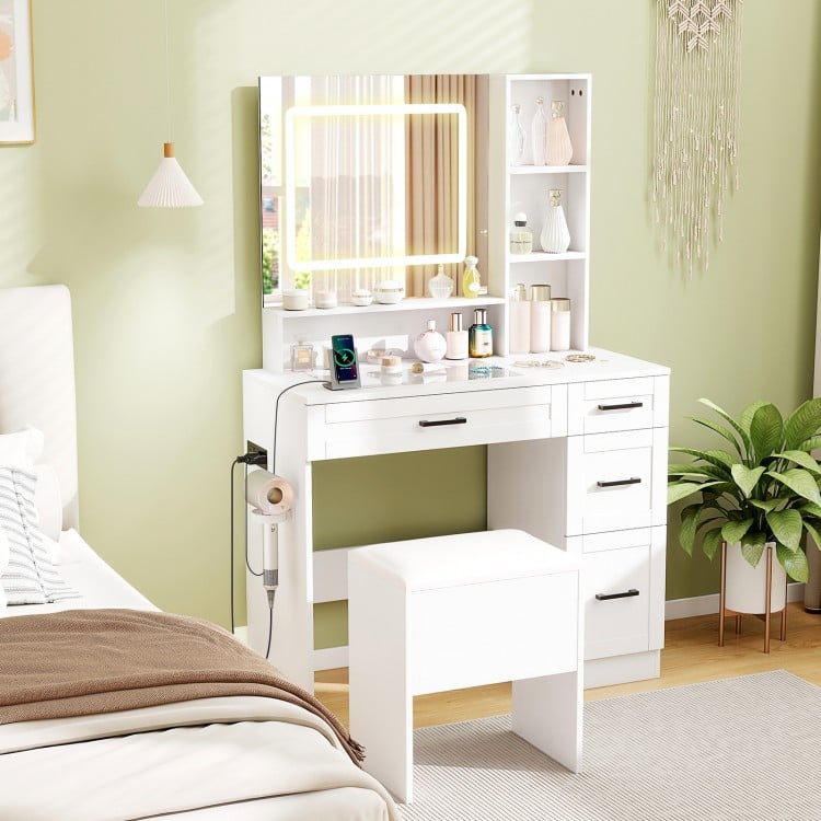 Dressing Desk with 3 Color Lighting and Hair Dryer Stand