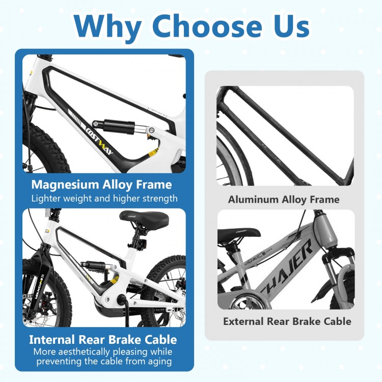 16 Inch Kids Bike Magnesium Alloy Bicycle Adjustable for Aged 4 to 7