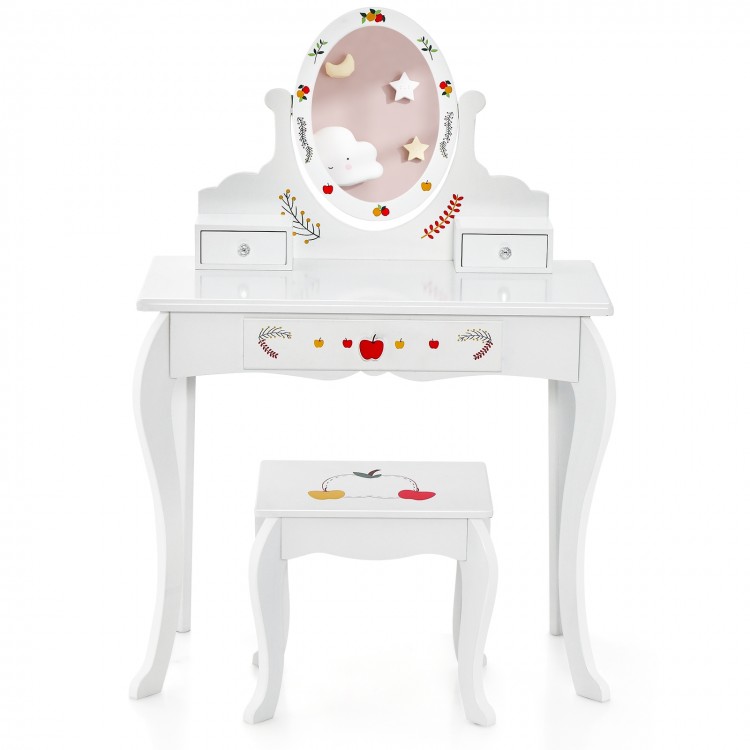 Kids Vanity and Stool Set with 360° Rotatable Mirror and Whiteboard
