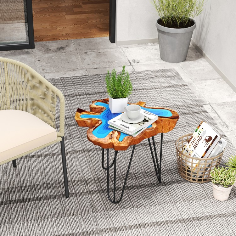 21 Inch Outdoor Epoxy Resin Teak Wood End Table with Irregular Tabletop