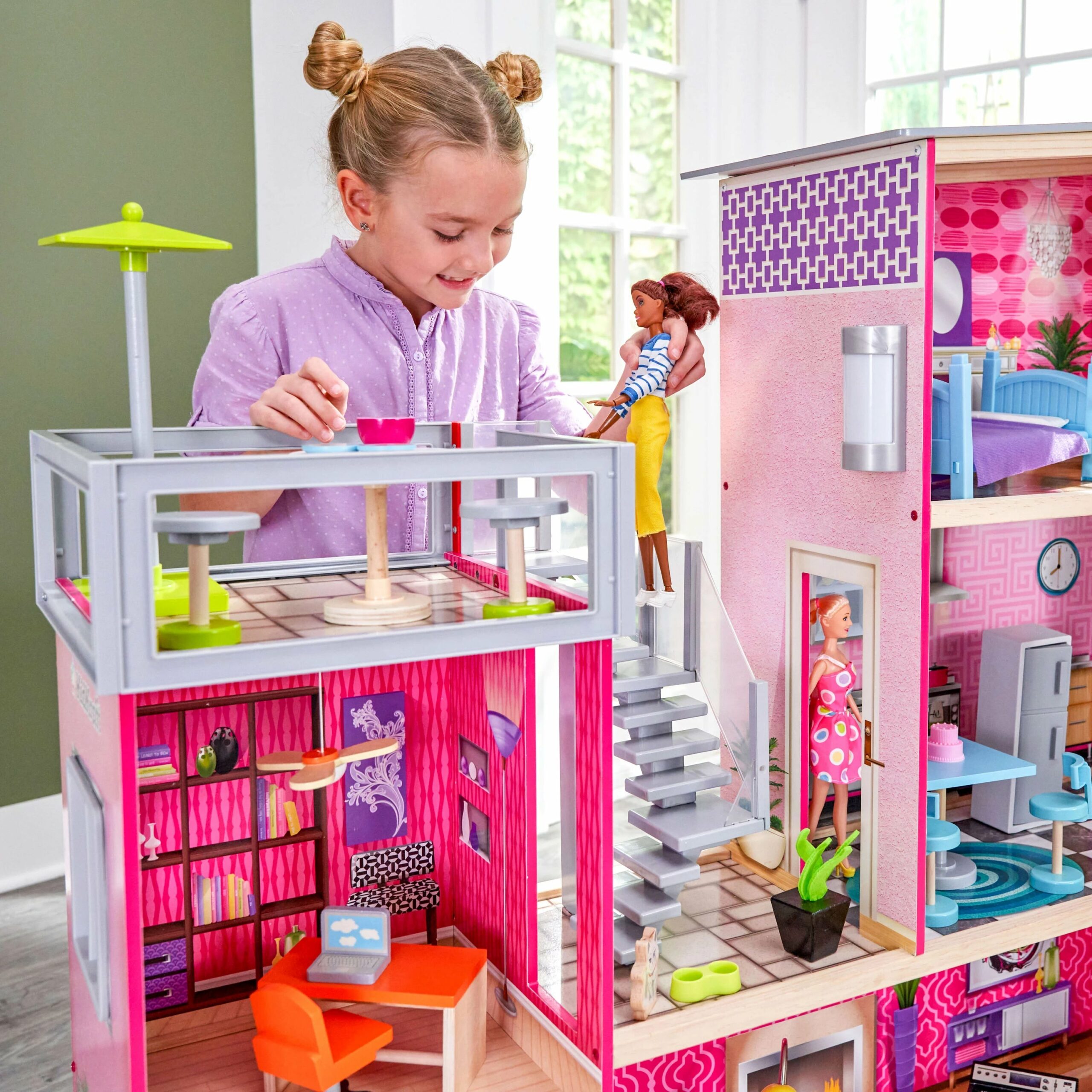 KidKraft Uptown Wooden Dollhouse with Accessories, 3-Floor Playhouse for 12′′ Dolls, Ages 4+