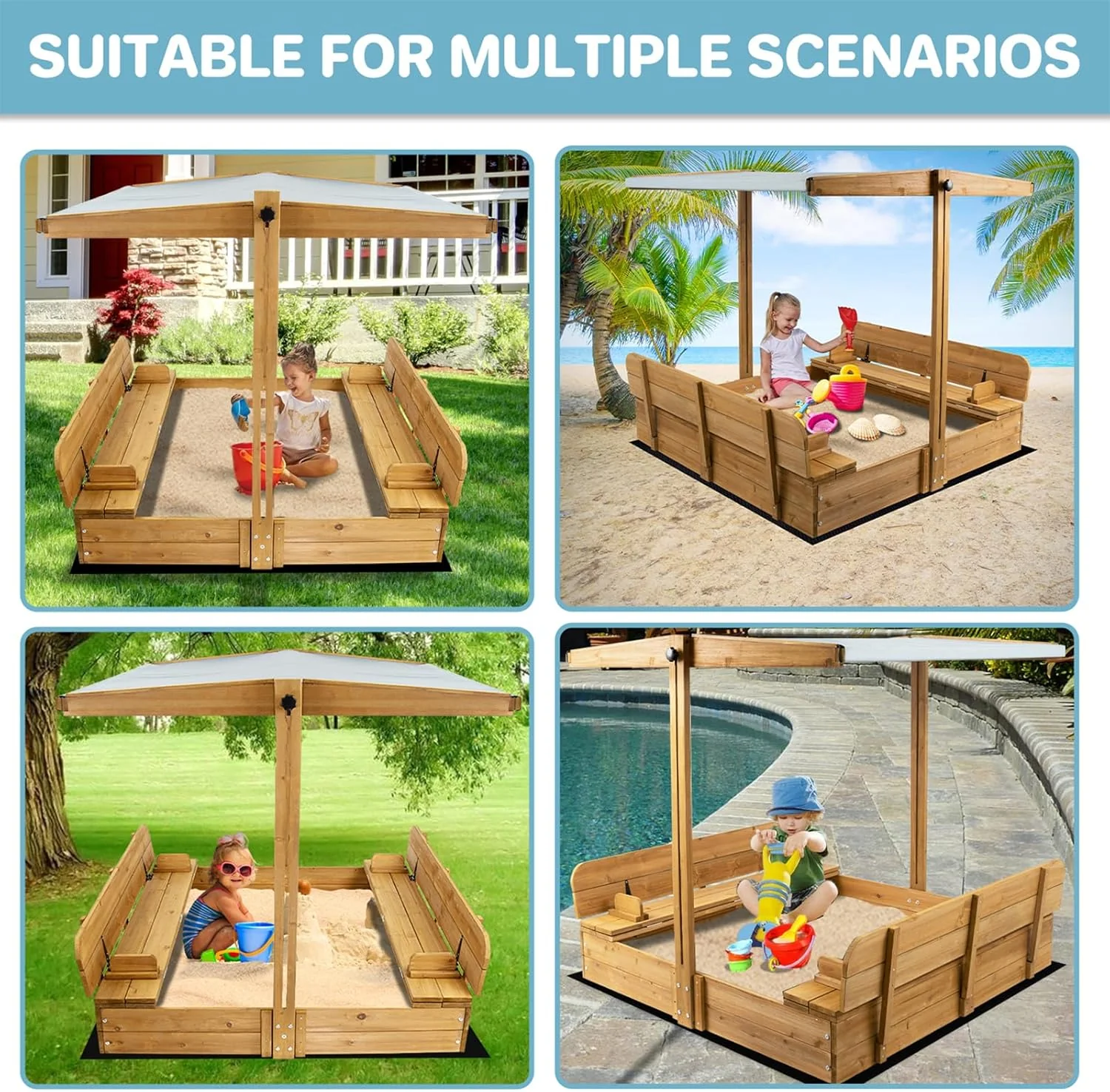 Kids Sandbox with Lid, Wooden Sand Box with Cover Outdoor, UV-Protection & Natural Wood, Foldable Bench Seat, Adjustable Canopy, Sand Box for Kids Ages 2-8（47x47in）