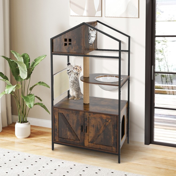 Cat Tree with Litter Box Enclosure Industrial Cat Tower Multi-level Cat Condo Furniture for Indoor Cats