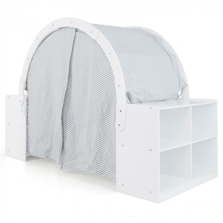 Wooden Kids Play Tent with Curtain Shades and 8 Cubbies
