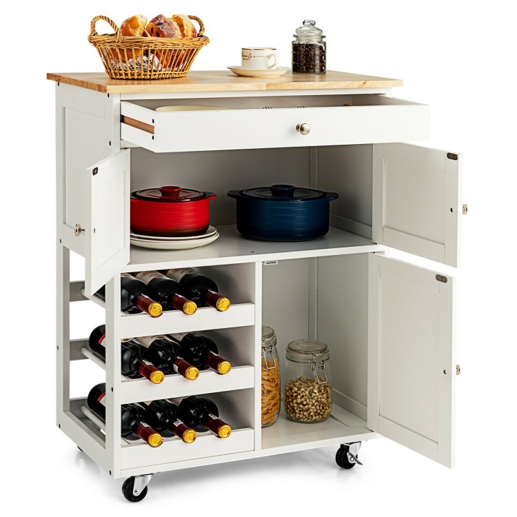 Kitchen Cart with Rubber Wood Top 3 Tier Wine Racks 2 Cabinets