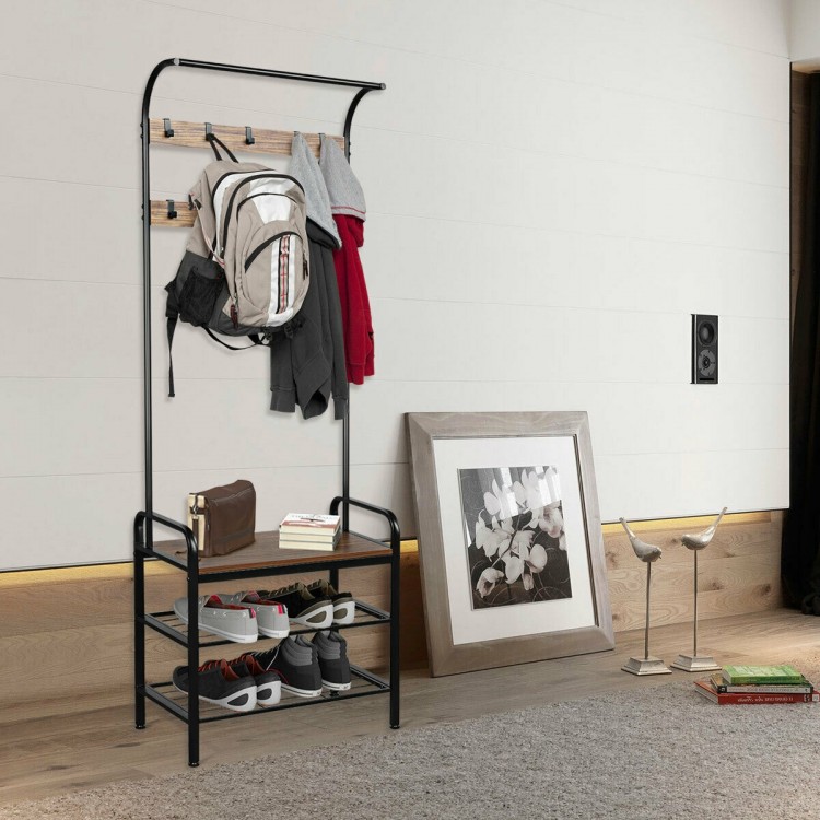 Industrial Coat Shoe Bench Entryway Shelf with 9 Hooks