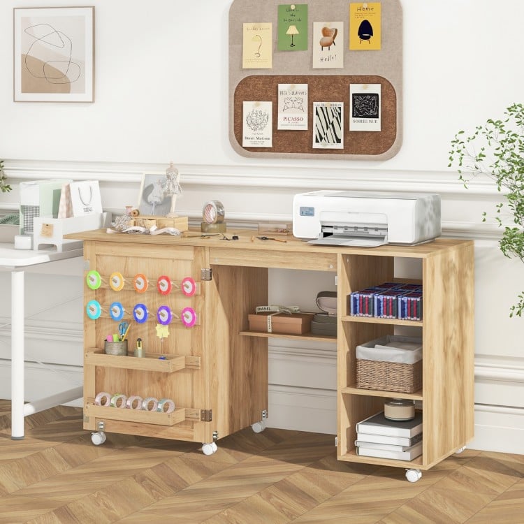 Multipurpose Folding Sewing Table Craft Station with Rattan Door