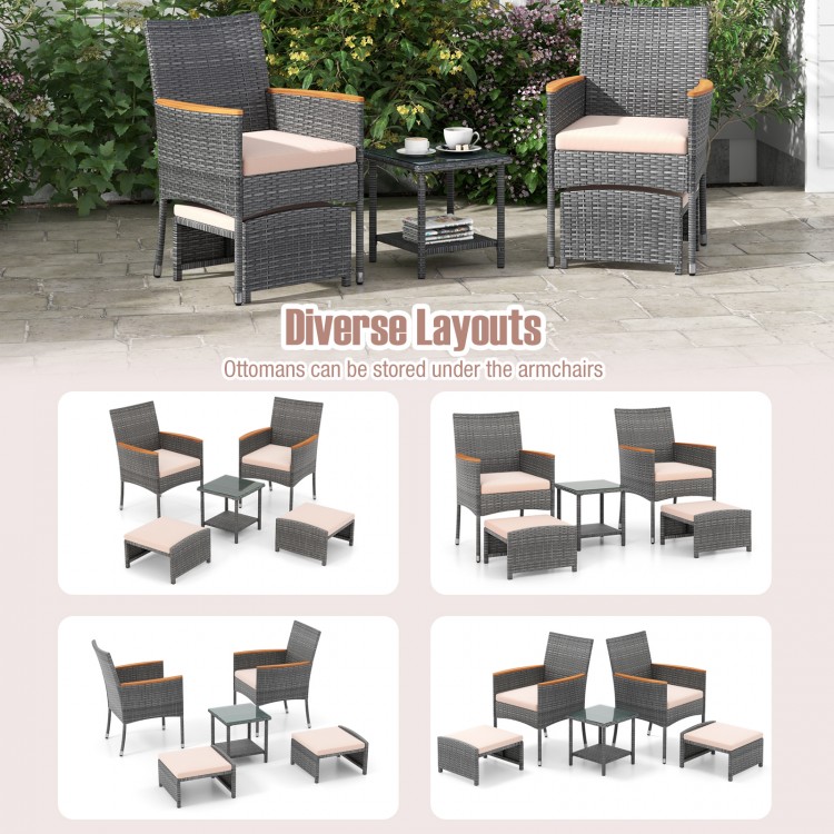 5 Pieces Patio Conversation Set with Soft Cushions and Ottomans
