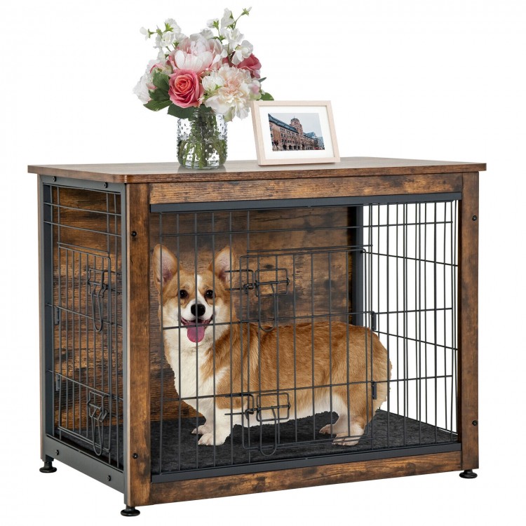 2-in-1 Wooden Dog Cage with Tray and Double Door