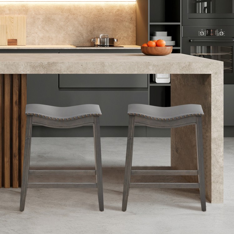 Set of 2 PU Leather Saddle Bar Stools with Rubber Wood Legs