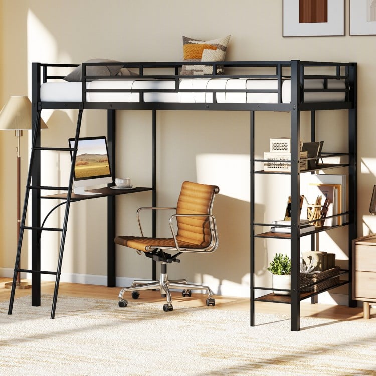 Twin Size Loft Bed with Desk and Shelves for Kids and Home