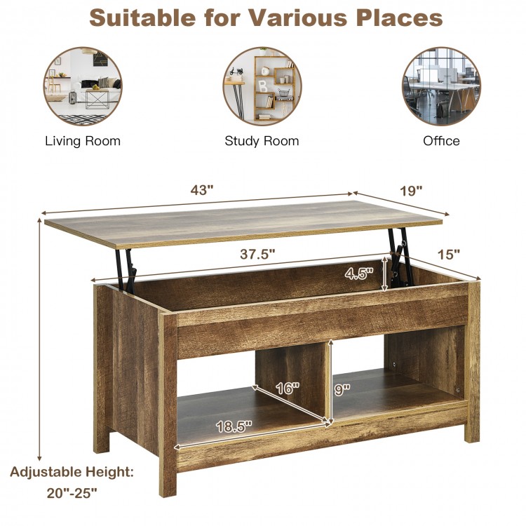 Lift Top Coffee Table with Hidden Storage Compartment and Lower Shelf for Study Room