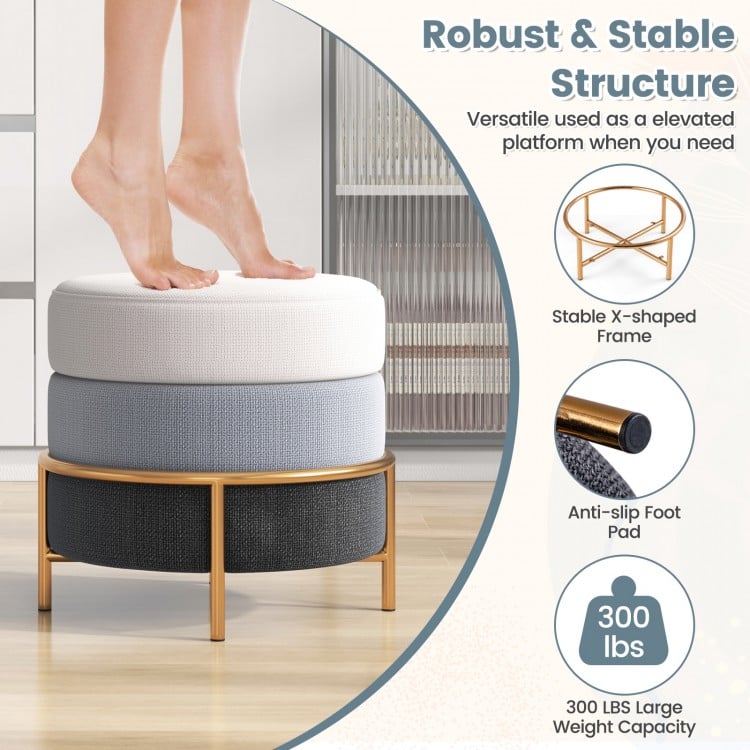 Upholstered Linen Fabric Ottoman with Gold Metal Legs and Anti-slip Foot Pads