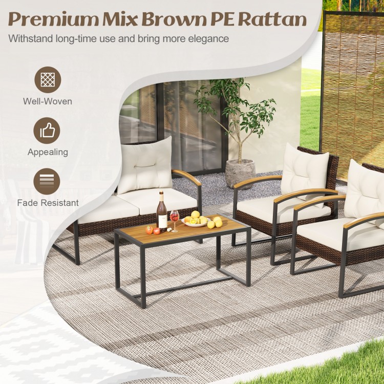4 Pieces Patio Conversation Set with Acacia Wood Armrests and Tabletop and Cushions