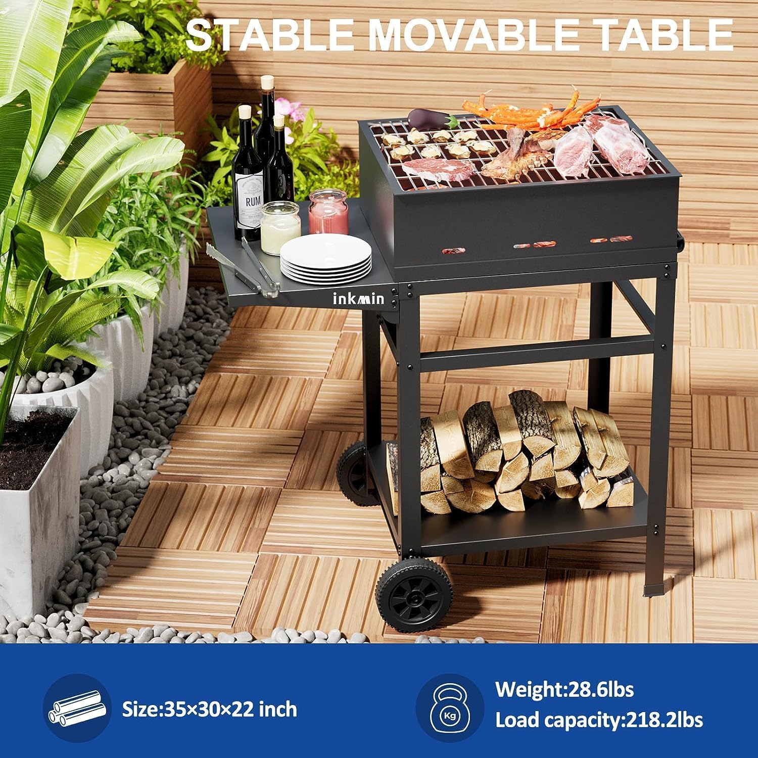 Upgraded Stainless Steel Outdoor BBQ Cart with Double-Shelf and Wheels – Movable Dining Table with Foldable Side and Hooks