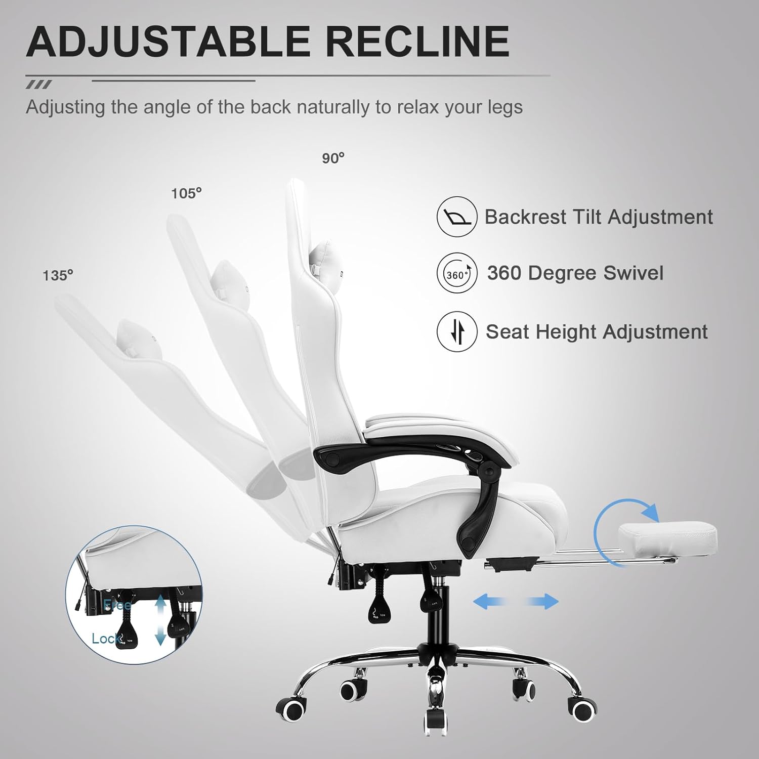 GTPLAYER Gaming Chair, Computer Chair with Footrest and Lumbar Support, Height Adjustable Game Chair with 360  -Swivel Seat and Headrest and for Office or Gaming (White)