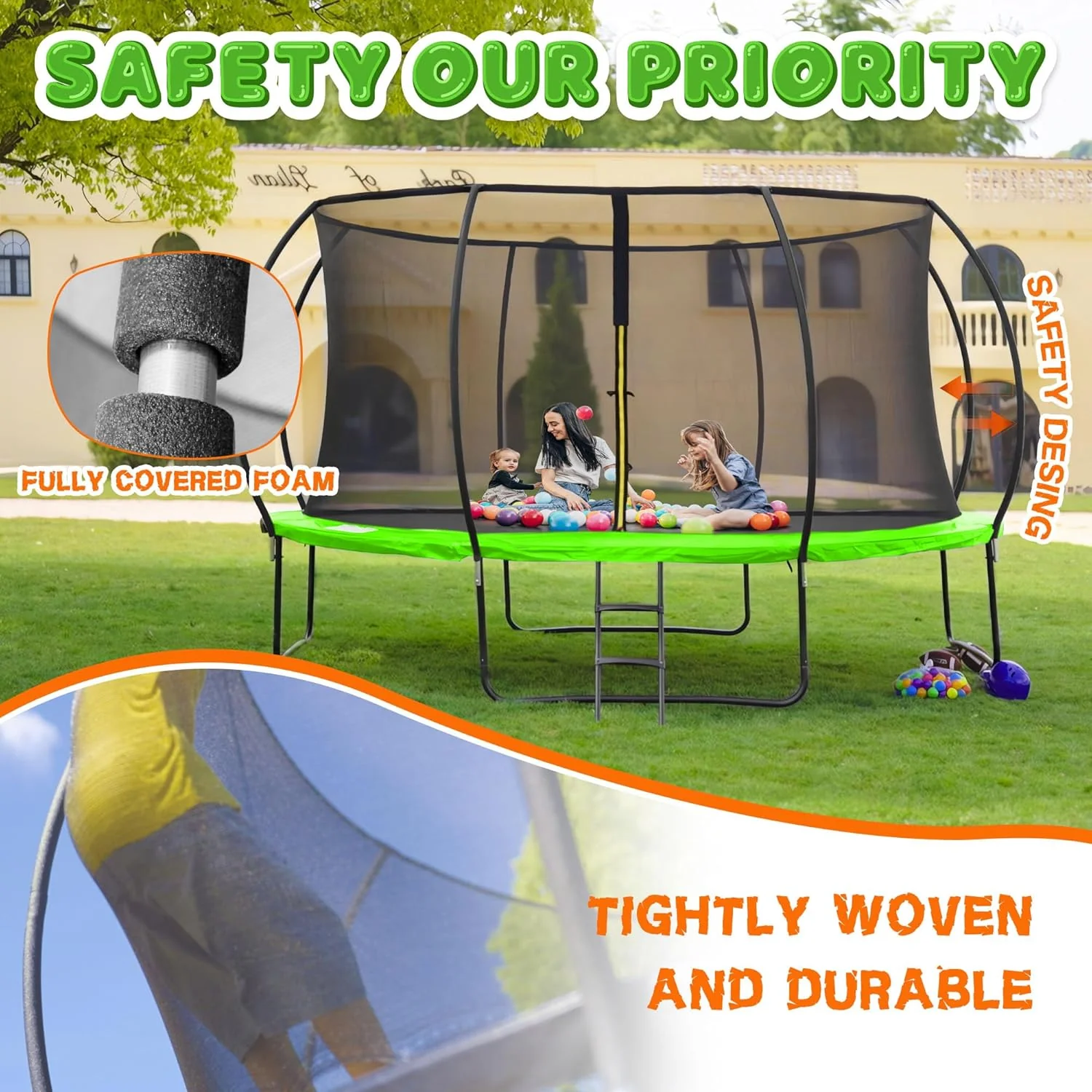 Trampoline 8FT 10FT 12FT 14FT 16FT, Recreational Trampolines with Enclosure Net and Ladder, Outdoor Anti-Rust Trampolines for Kids and Adults, ASTM Approved