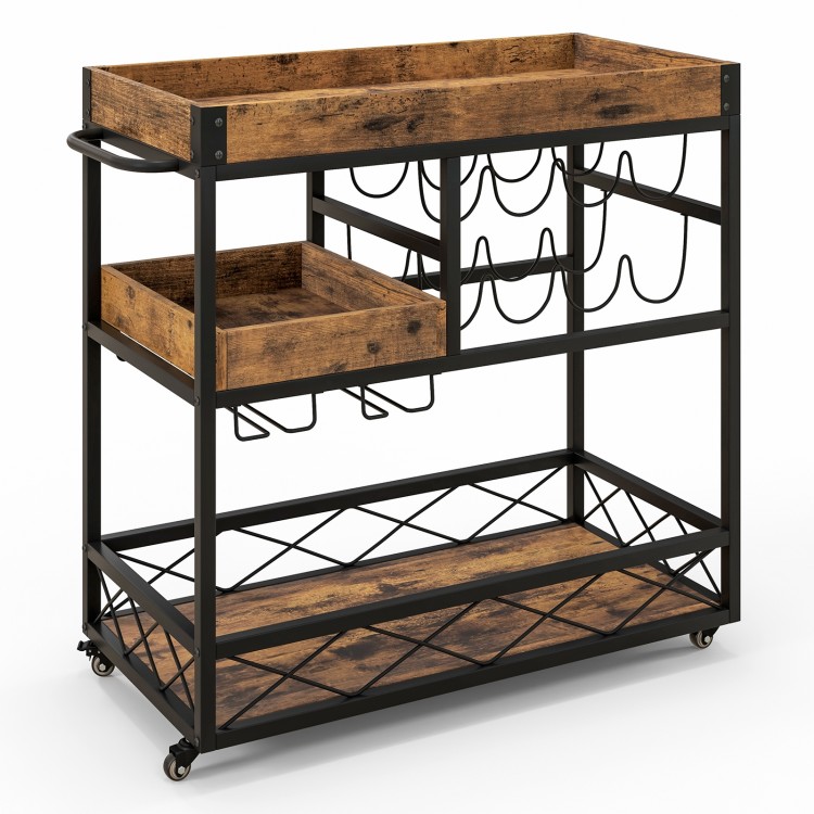 3-Tier Rolling Bar Cart with Removable Tray and Wine Rack
