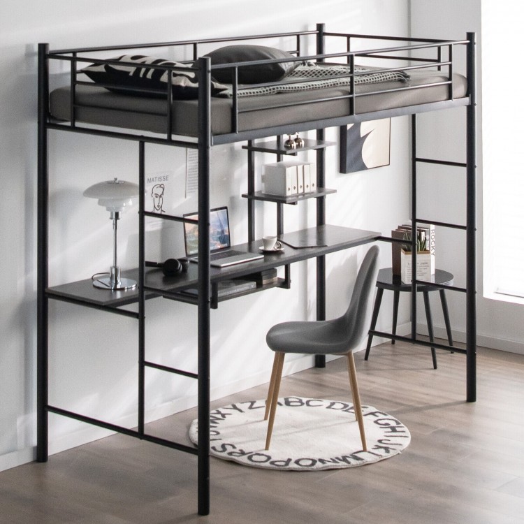 Twin Size Loft Bunk Bed with Desk Storage Shelf and Full-Length Ladders