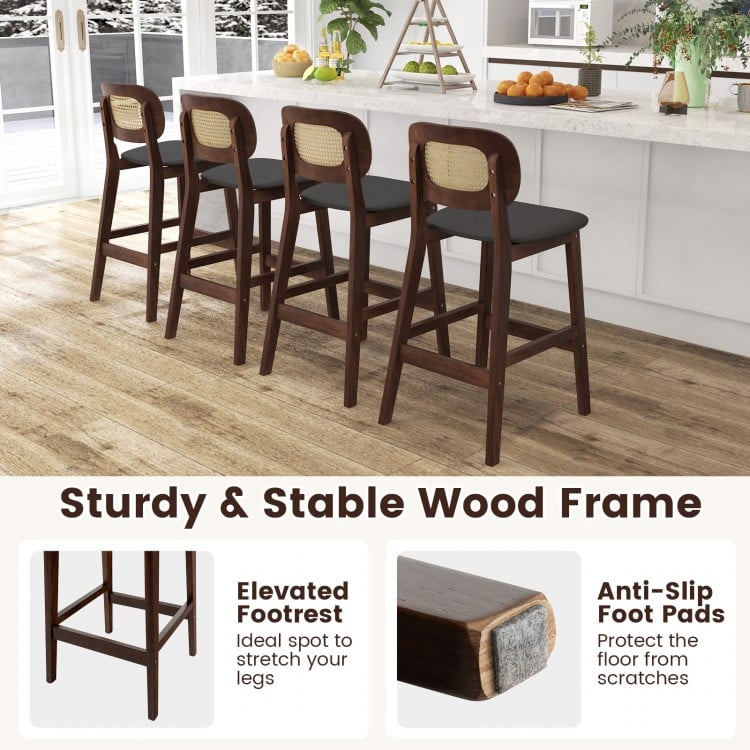 Wood Bar Chairs with PE Rattan Backrest Padded Seat and Footrest