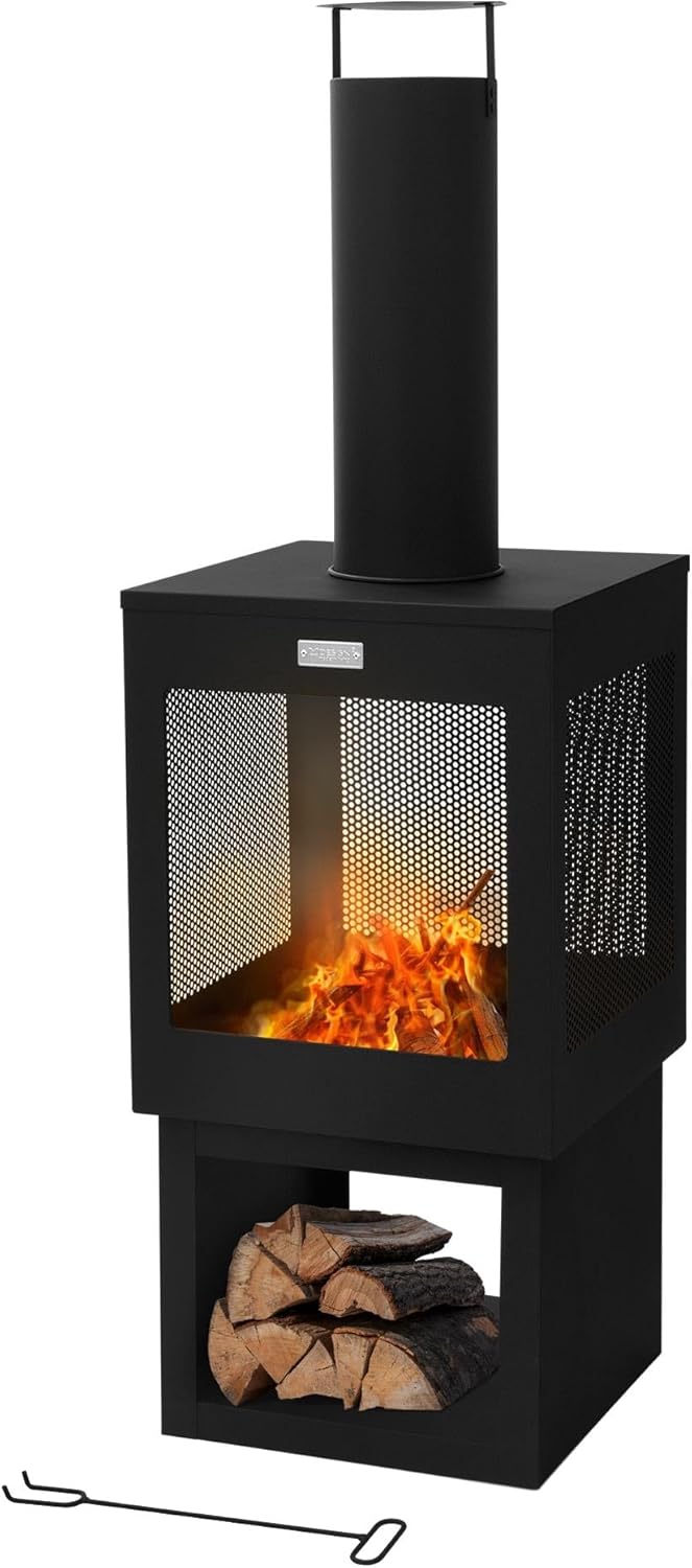 ML-Design havepejs med skorsten 128 x 40 cm firkantet, stål, udendørs haveovn, terrasseovn med fordørskrog, aftageligt tag, træbakke, terrasse pejs brandskål/ildkurv til haven & camping