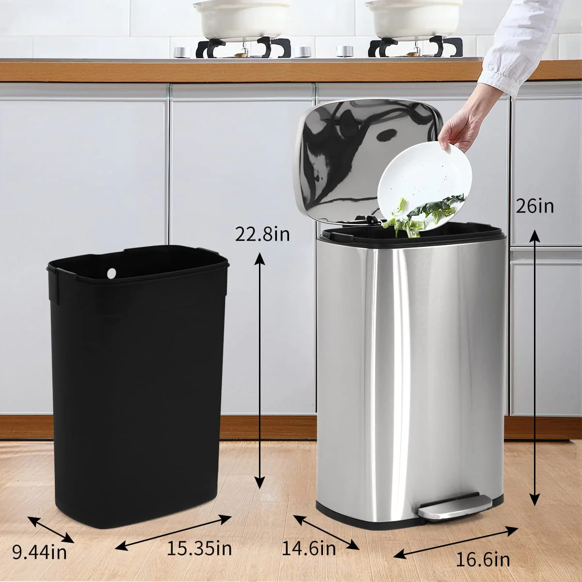 Bigacc 13 Gallon 50 Liter Kitchen Trash Can with Touch-Free & Motion Sensor, Automatic Stainless-Steel Garbage Can, Anti-Fingerprint Mute Designed Trash Bin Brushed Stainless Steel