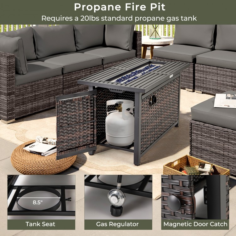 45 Inch Propane Rattan Firepit Table with Glass Stones and Protective Cover