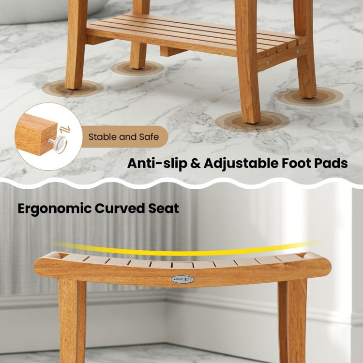 30 Inches Large Teak Shower Stool with Storage Shelf and Non-slip Footpads