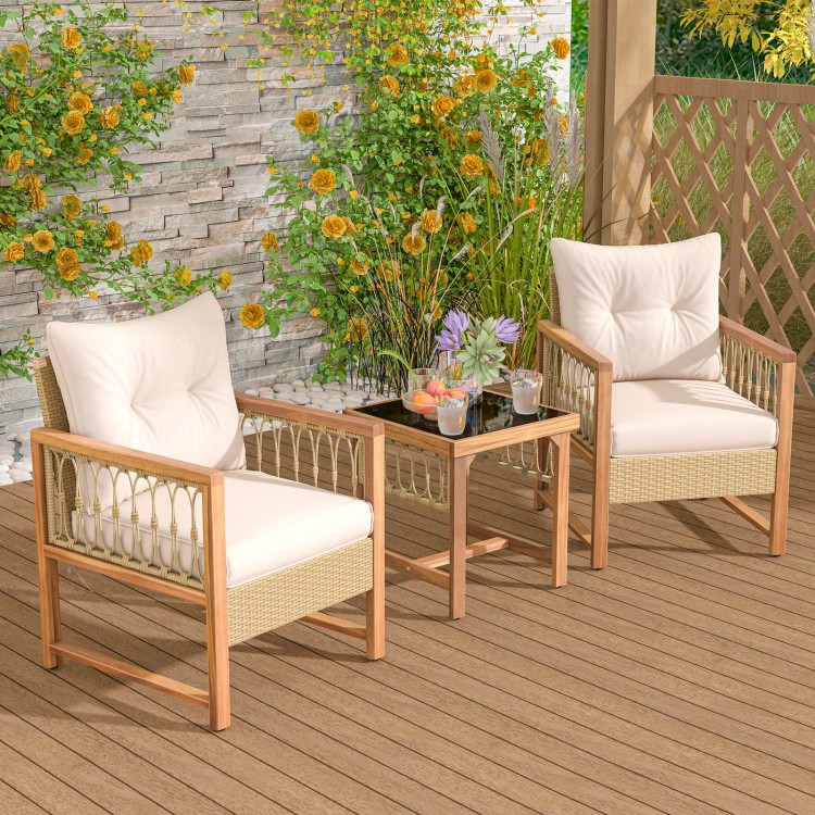 3 Pieces Patio Furniture Set with Acacia Wood Frame Cushions