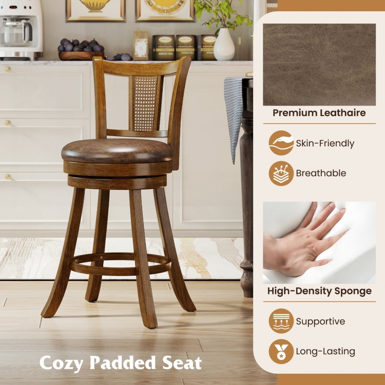 25/30 Inch Set of 2 Bar Stools with PE Rattan Backrest and Rubber Wood Frame