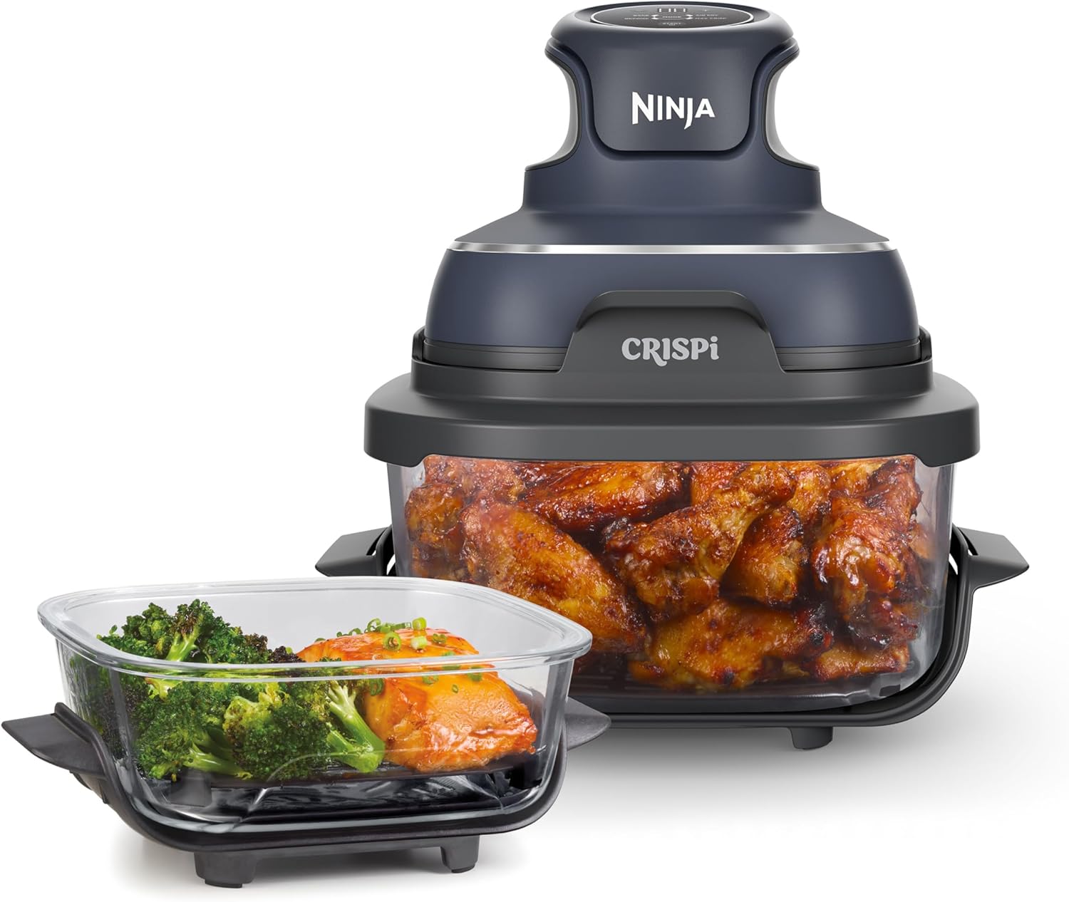 Ninja CRISPi bærbar airfryer varmluftfriture, 3,8 l, 4-i-1: varmluftfriture, stegning, holde varmen, recrisp, kompakt, 6 portioner, 2x aftagelige glasbeholdere & låg, 1,700 W, grå FN101EUGY