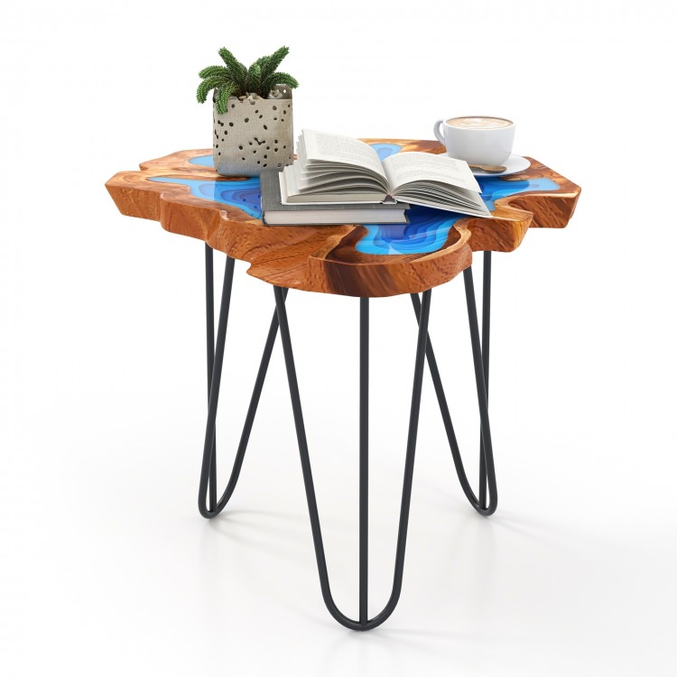21 Inch Outdoor Epoxy Resin Teak Wood End Table with Irregular Tabletop