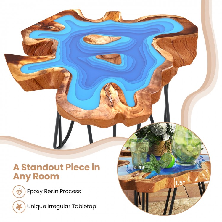 21 Inch Outdoor Epoxy Resin Teak Wood End Table with Irregular Tabletop