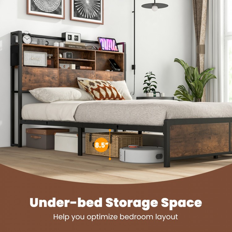 Full/Queen Size Bed Frame with 3-Tier Bookcase Headboard and Charging Station