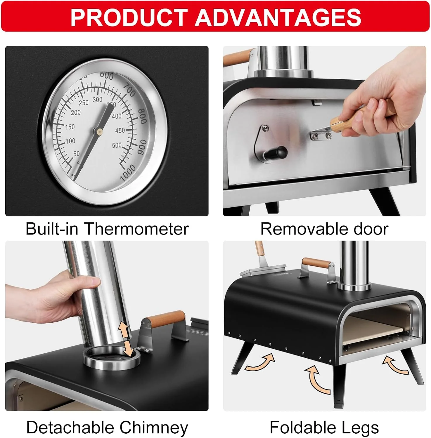 EDOSTORY Outdoor Pizza Oven, Wood Fired for Outside, Patio Maker With Stone, Peel, Grill Rack, and Waterproof Cover for Backyard Camping