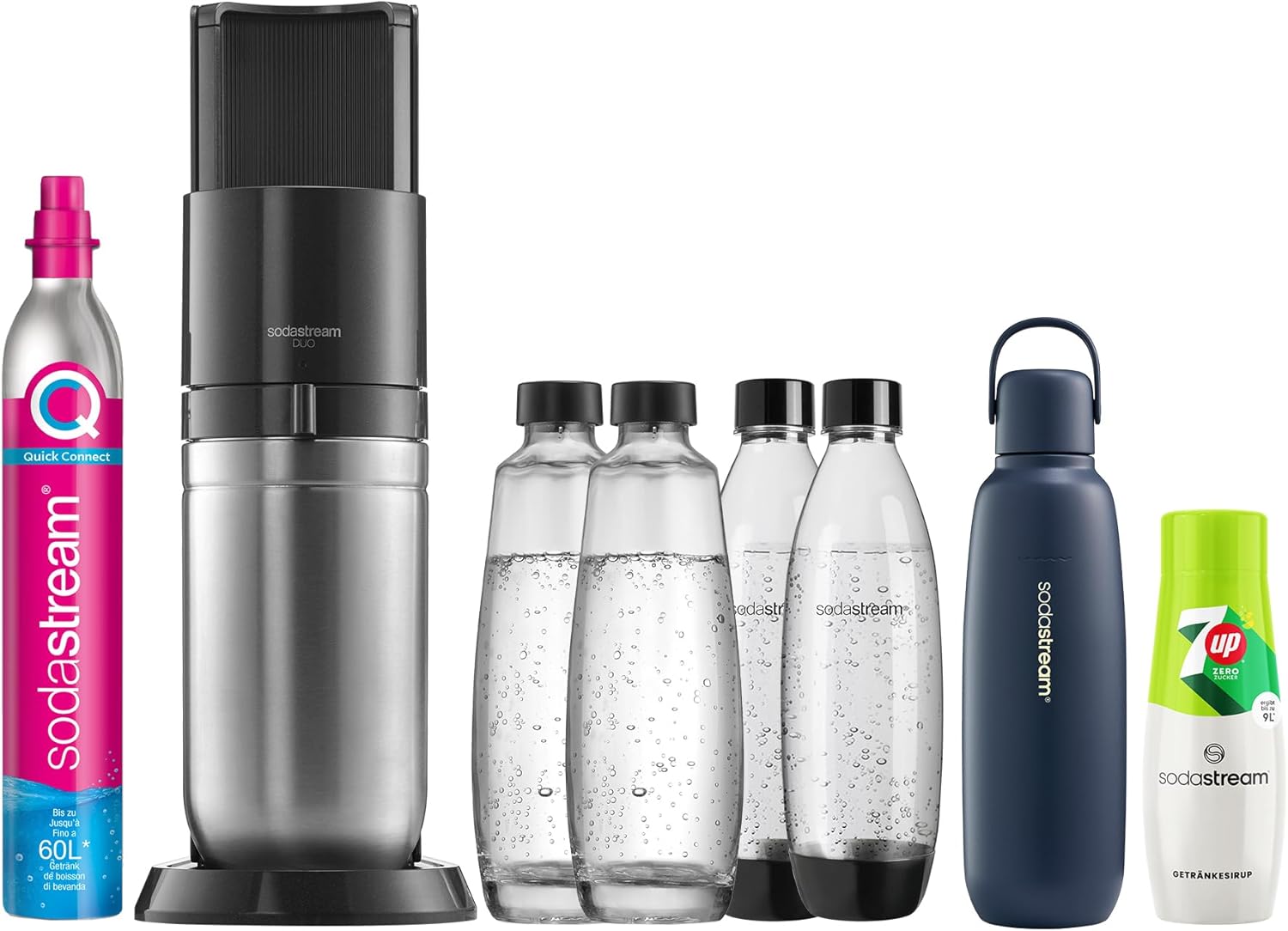 SodaStream Vandbobler DUO med Quick-Connect CO2-cylinder | inkl. 2x 1L glasflaske og 2x 1L FUSE plastflaske (tåler opvaskemaskine) | Farve: titanium