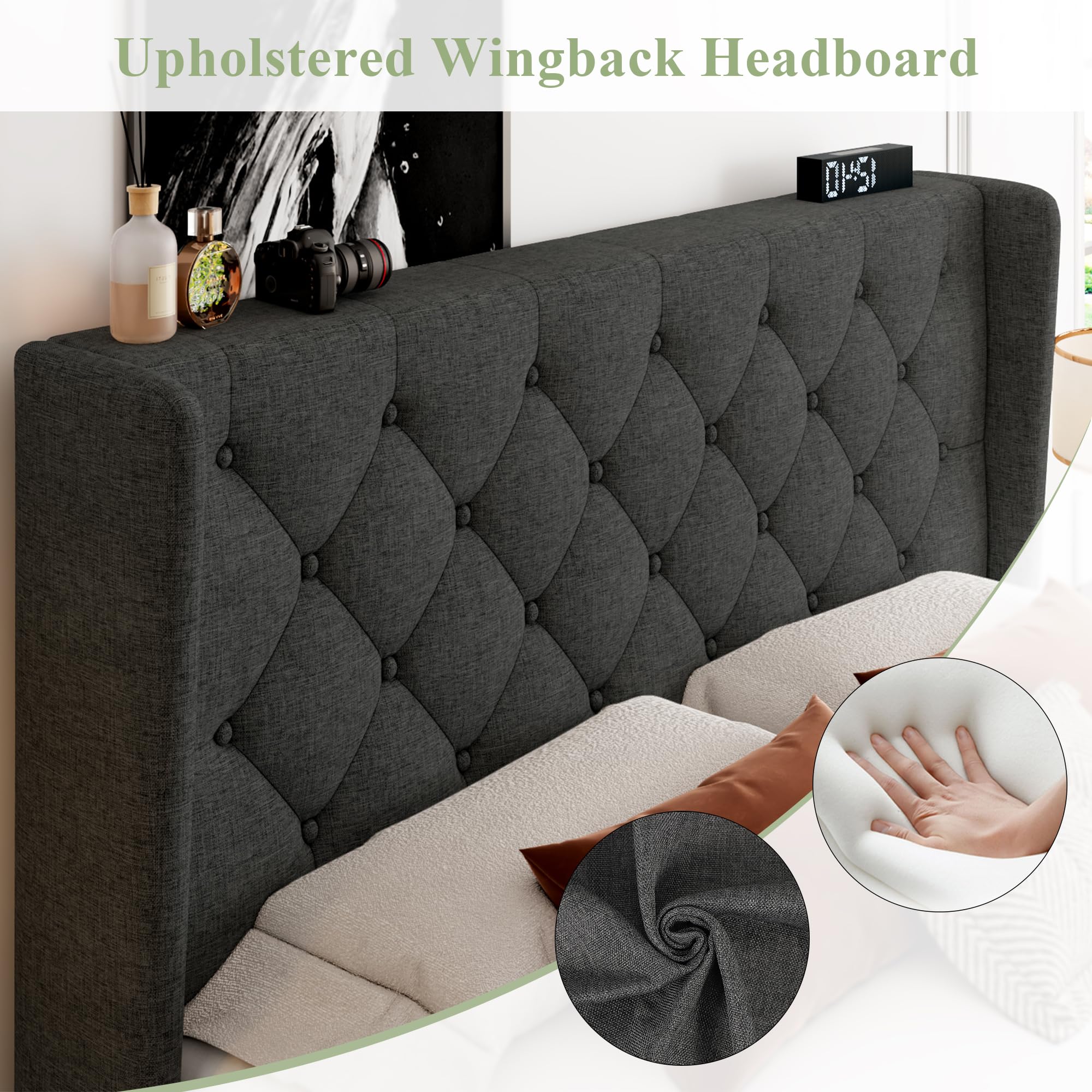 Feonase Full Size Bed Frame with Upholstered Wingback Headboard, Platform Bed and Heavy Duty Wooden Slats Support, Easy Assembly, Noise-Free, No Box Spring Needed, Dark Gray