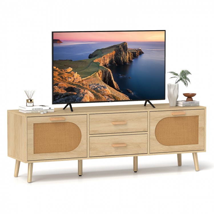 Rattan TV Stand for 65-Inch TV with Drawers and Solid Wood Legs
