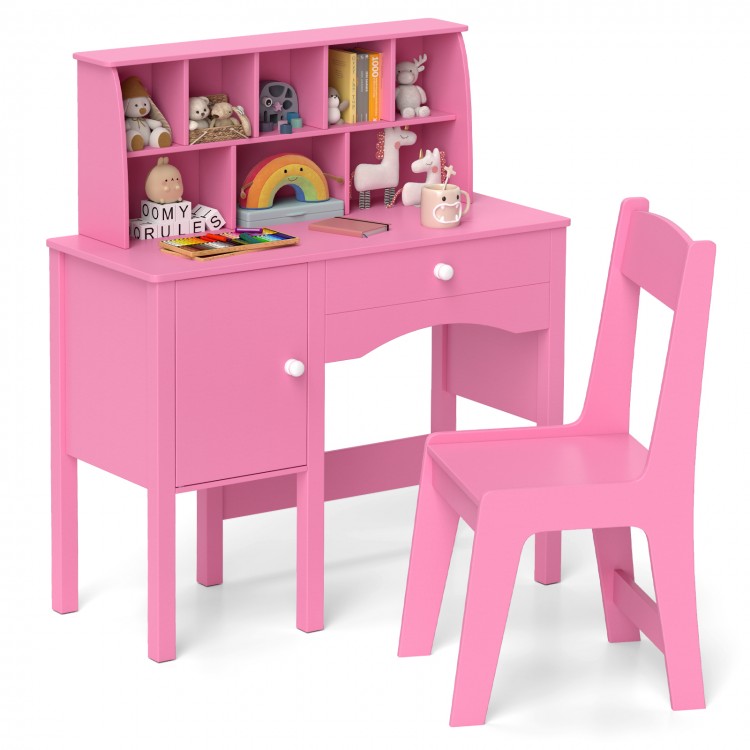 Kids Study Desk and Chair Set with Chair Hutch and Storage Cabinet for 3+ Years Old
