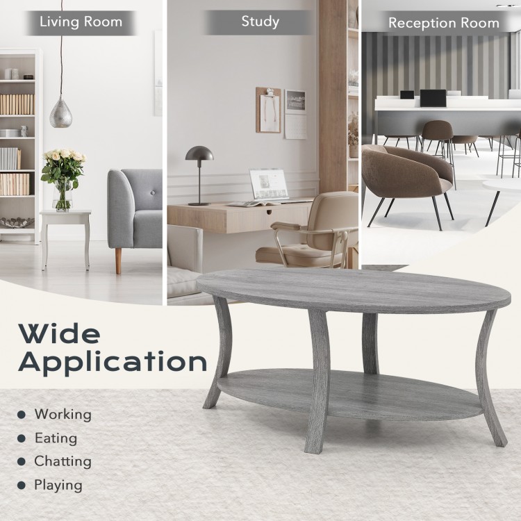 Oval Coffee Table 2-Tier Center Table with Storage Shelf