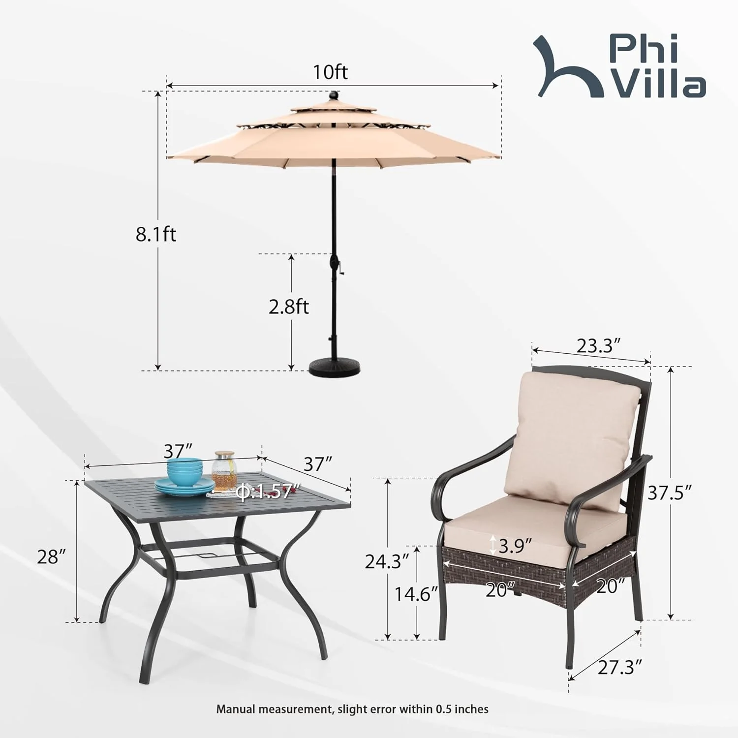PHI VILLA 6-Piece Outdoor Dining Sets, All-Weather Patio Table and Chairs Set with Umbrella for 4, Heavy Duty Patio Round Table Set for Deck, 4 Extra Large Outdoor Swivel Chairs with Thick Cushions