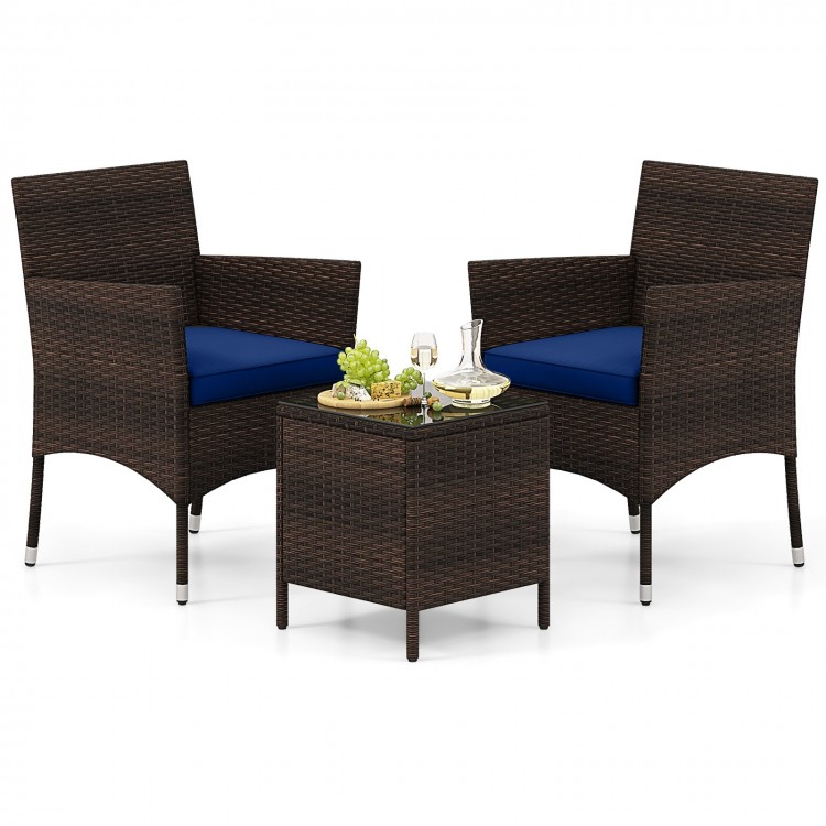 3 Pieces Outdoor Conversation Set with Cushioned Seat and Glass Tabletop
